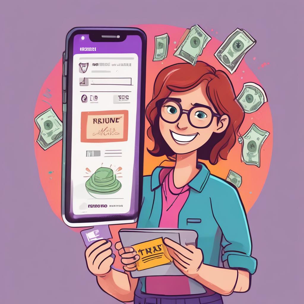 행복한 프리랜서가 스마트폰으로 세금 환급 알림을 확인하며 기뻐하는 모습