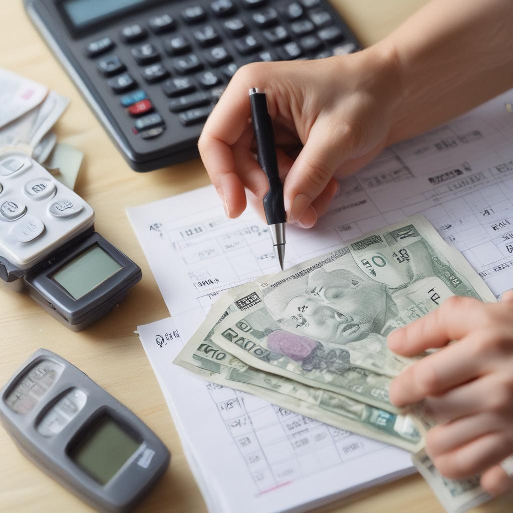 정돈된 한국 원화 지폐 더미와 계산기, 5월 달력 옆에 손이 돈을 잡는 모습. 세금 환급과 재정 회복을 상징