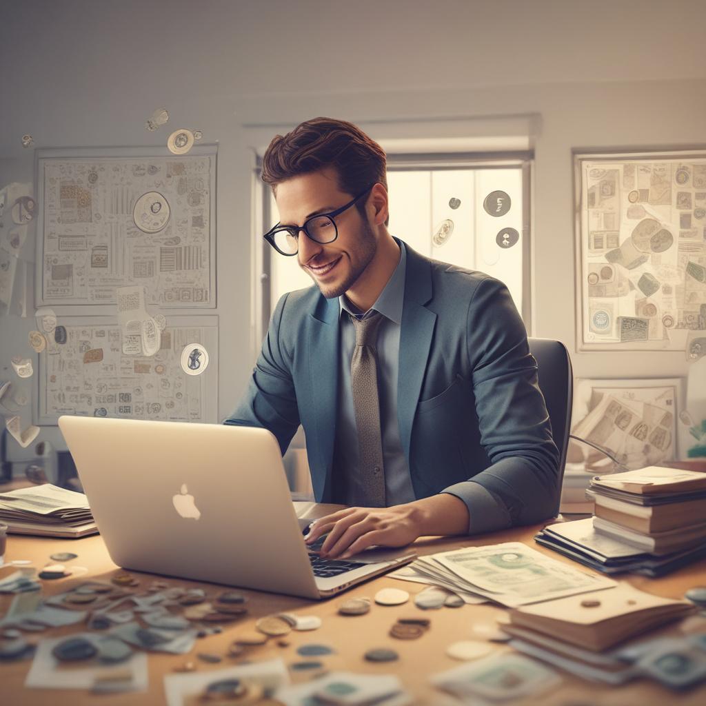 A happy person discovering tax refunds on a laptop, surrounded by floating money symbols.