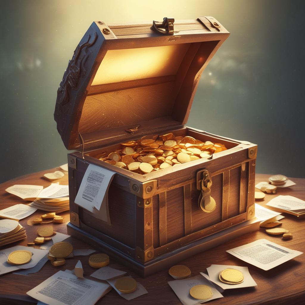 A treasure chest overflowing with gold coins and tax documents, symbolizing hidden tax refunds waiting to be discovered.
