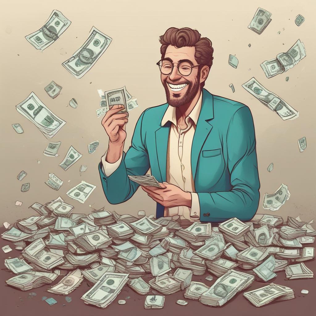 Smiling person finding a hidden pile of money, symbolizing a tax refund.