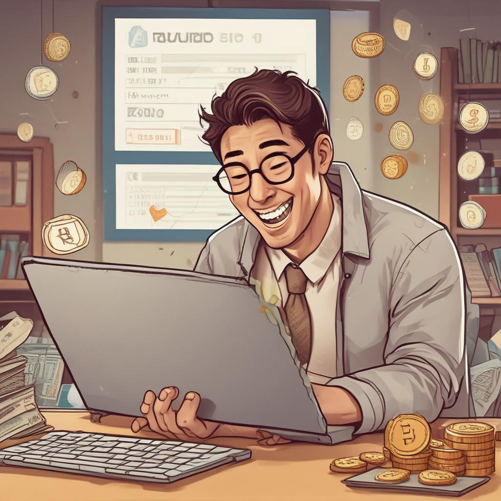 Happy person discovering a tax refund notification on their laptop, surrounded by floating money and digital currency symbols.