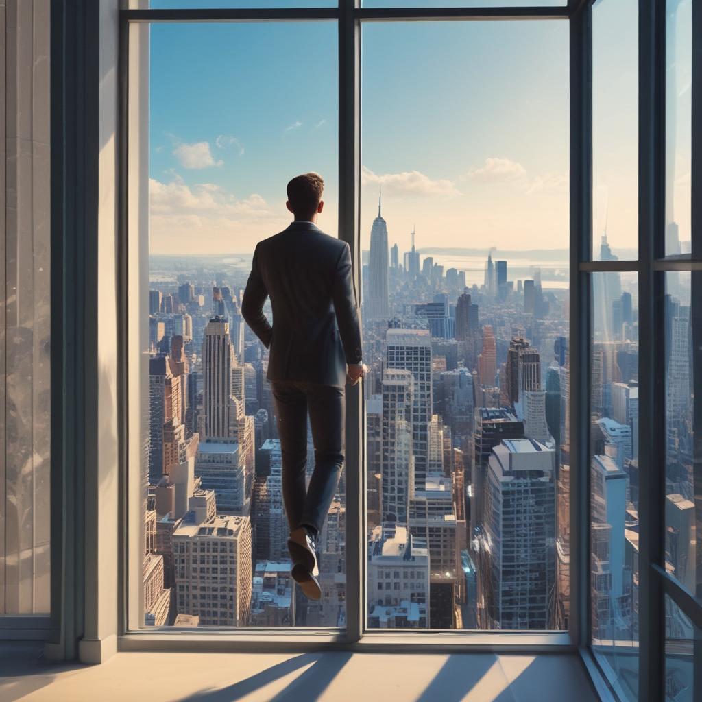 깨끗하고 투명한 창을 통해 밝고 정돈된 도시 풍경을 바라보는 사람, 재정적 명확성을 상징합니다.