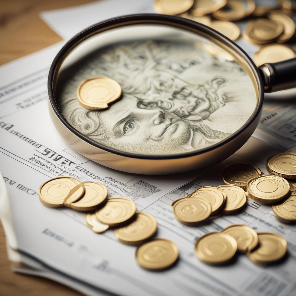 Magnifying glass over a pile of money and tax documents, symbolizing finding a tax refund.
