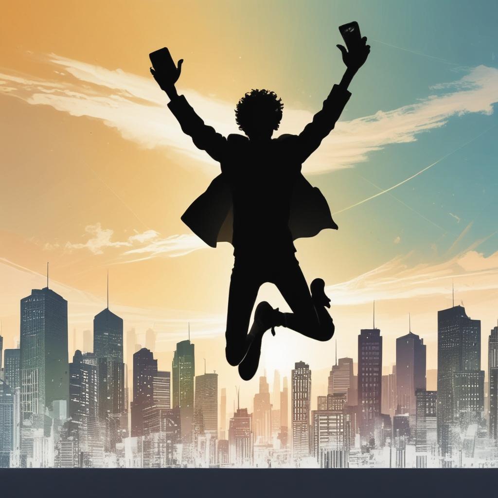 Person celebrating a successful tax refund on their phone with arms raised against a bright sky.