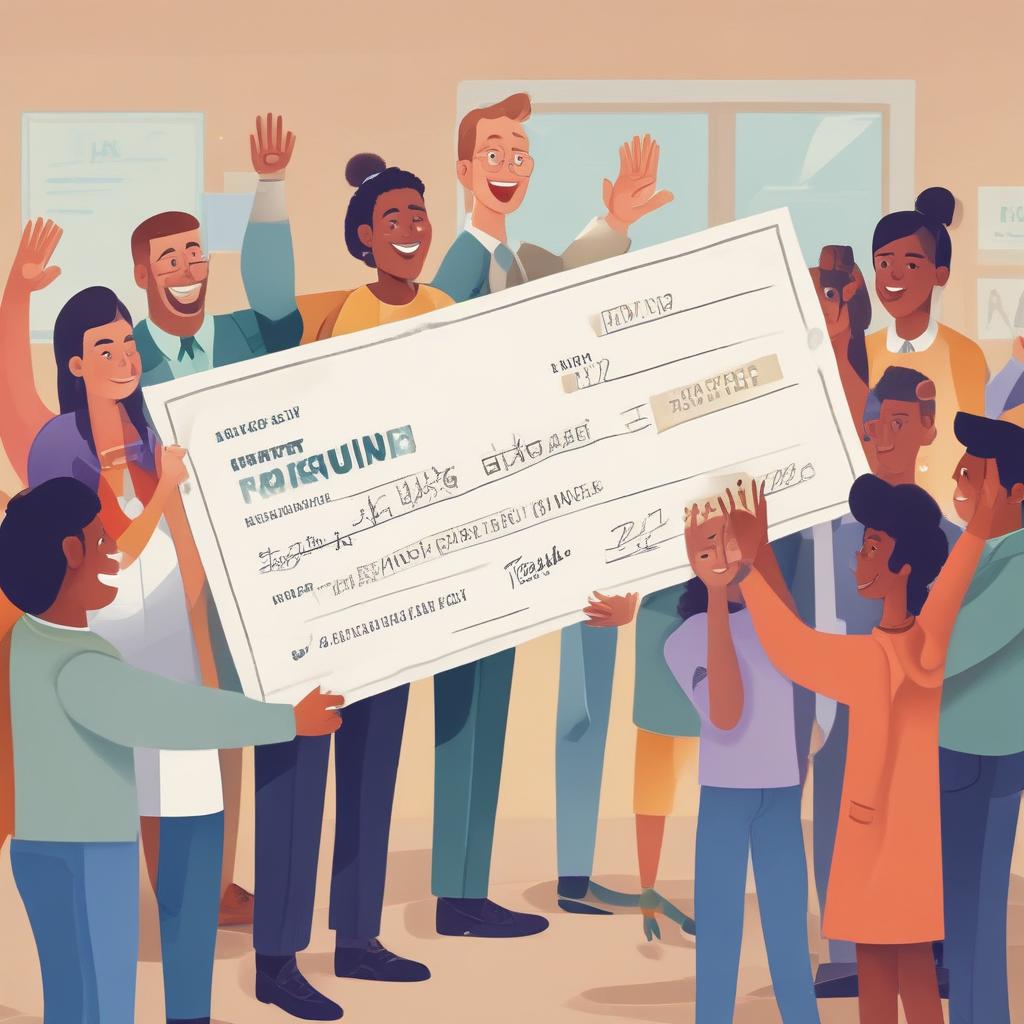 Diverse people happily celebrating a tax refund with a friendly tax advisor, showing financial relief.