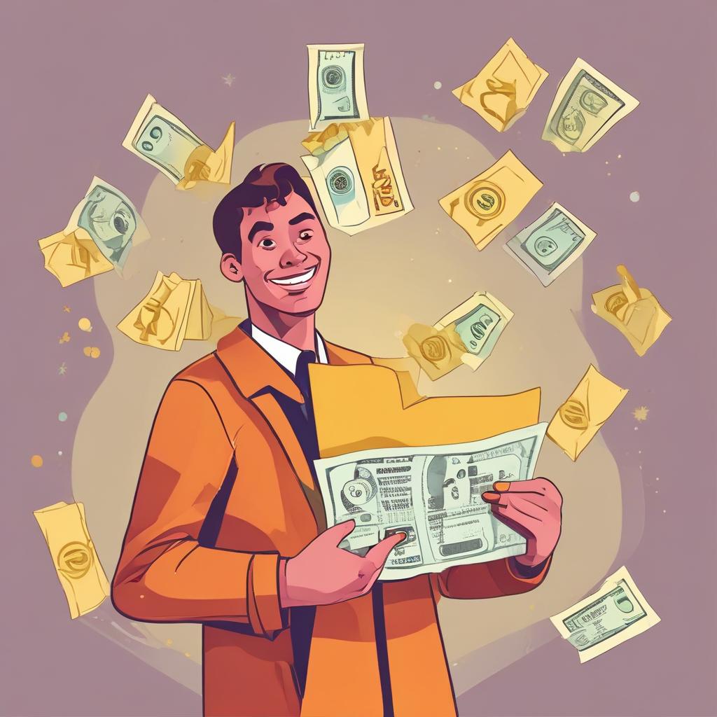 Smiling person happily discovering a large tax refund envelope, surrounded by floating money symbols.