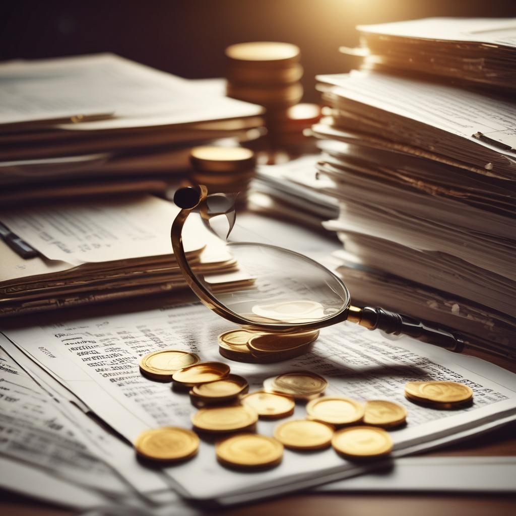 Magnifying glass examining tax documents and gold coins, representing hidden or forgotten tax refunds.