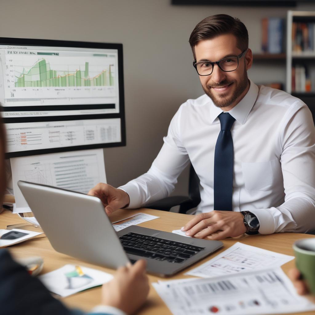 Friendly tax advisor explaining tax refund possibilities to a client, pointing at a chart on a laptop screen.