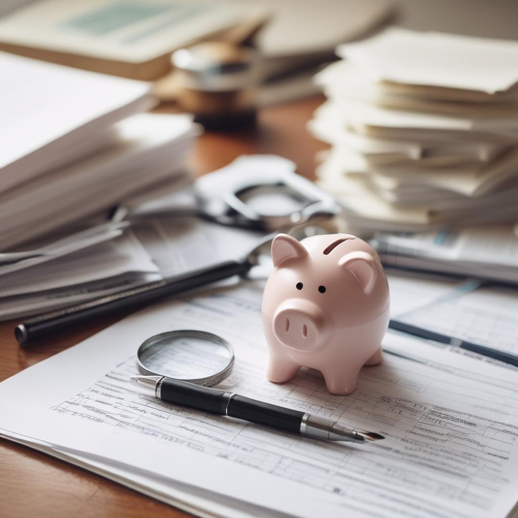 깔끔하게 정리된 의료비 영수증 더미와 돋보기, 그 옆의 저금통.