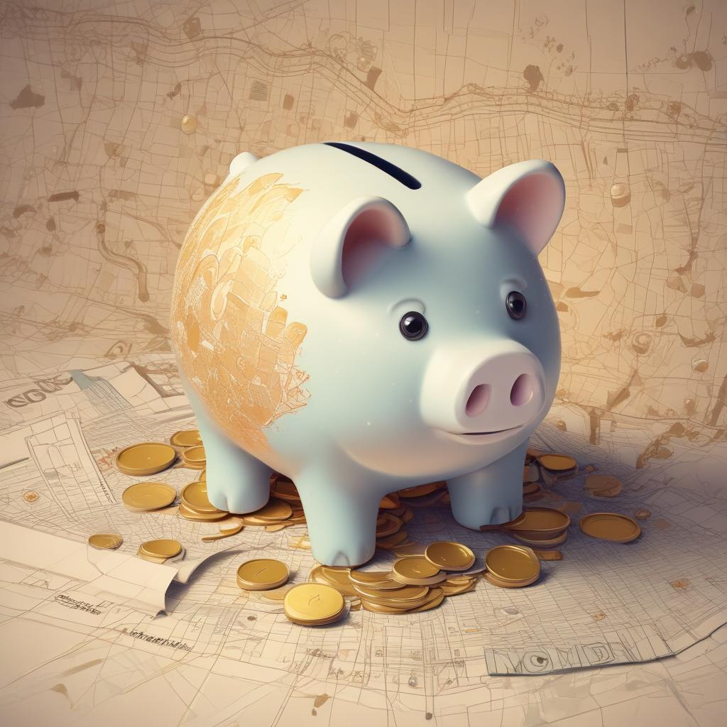 숨은 보험금을 상징하는, 돈이 쏟아져 나오는 빛나는 저금통과 지도