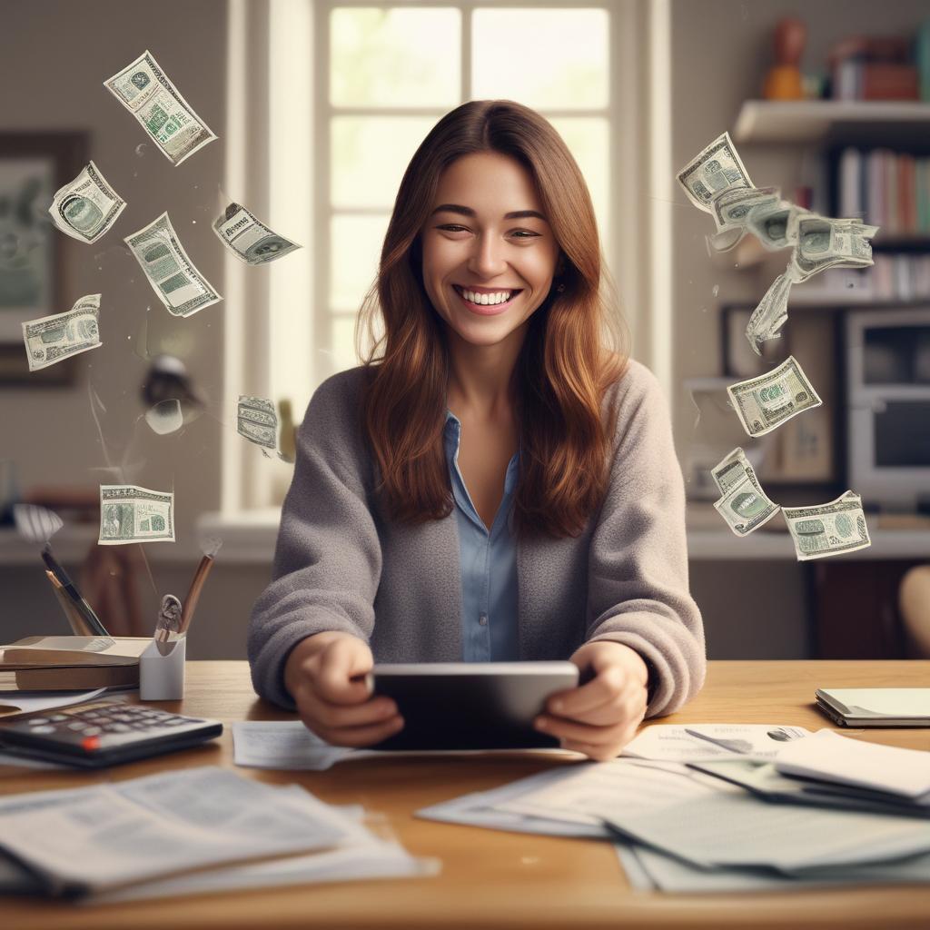 A happy freelancer smiling while looking at a smartphone showing a tax refund notification, with money floating around.