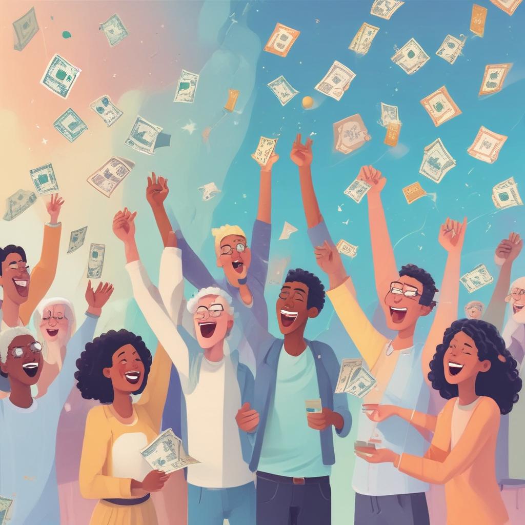 Happy people celebrating tax refunds, money raining down, showing financial relief on phones.