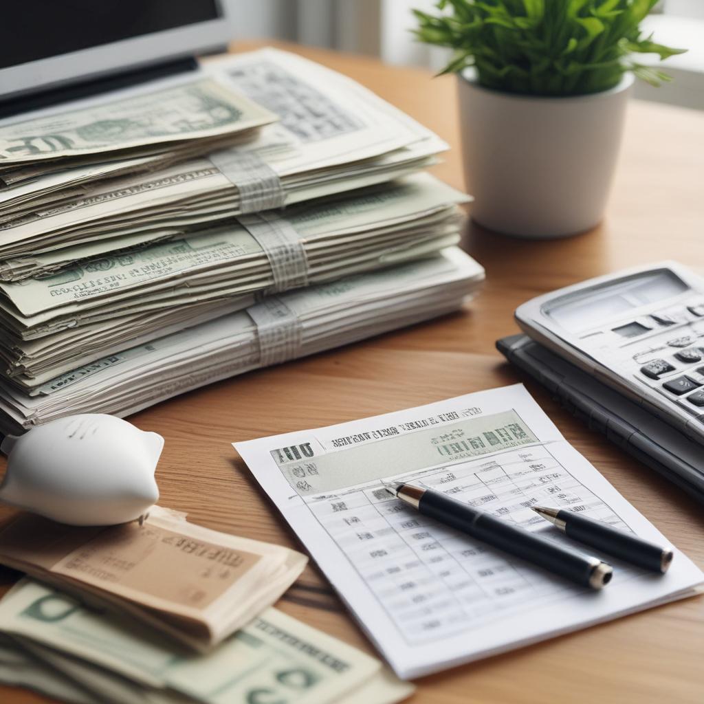 A stack of Korean won bills, a calculator, and tax documents on a desk, symbolizing tax refunds and financial planning.