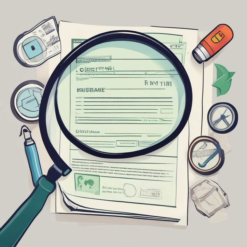 Cartoon illustration of simplified insurance claim documents with easy-to-understand icons and checkmarks, representing clarity and ease of processing under a magnifying glass.