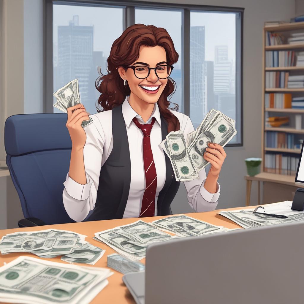 Happy freelancer celebrating tax refund with cash and tax documents on a desk.