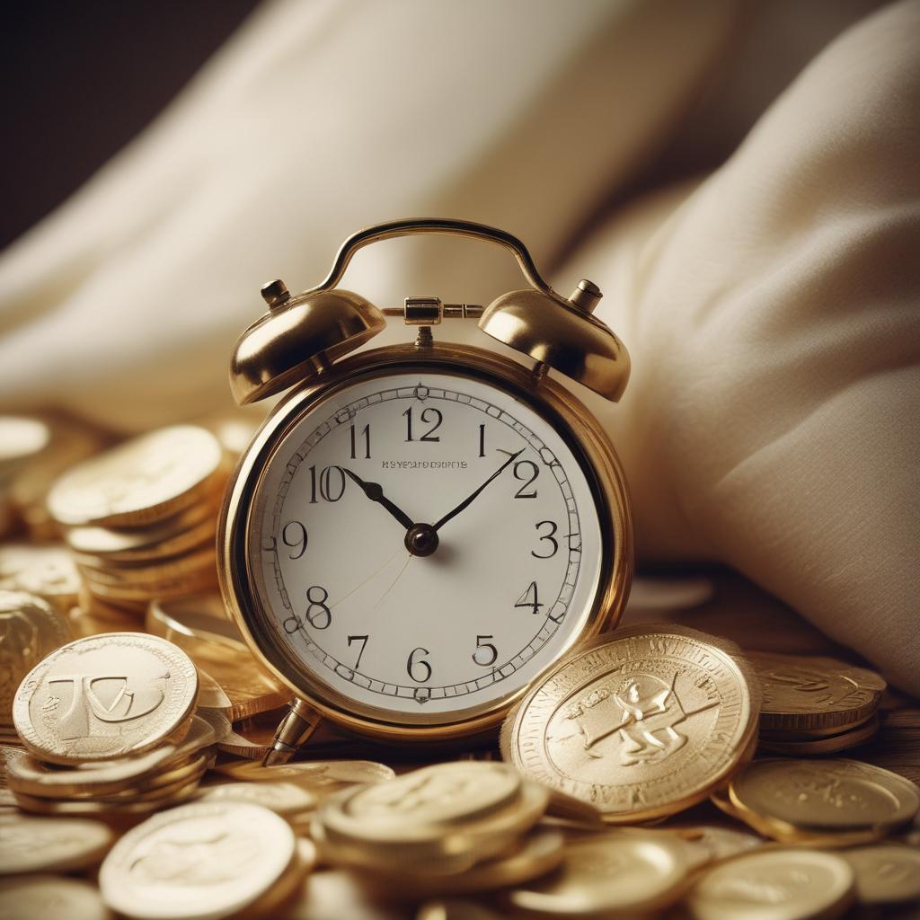 Metaphorical image of a pile of golden coins 'waking up' on a pillow with an alarm clock, symbolizing unclaimed money.