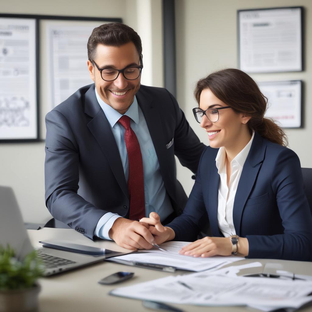 Friendly tax advisor explaining tax refund process to a grateful client in a modern office.