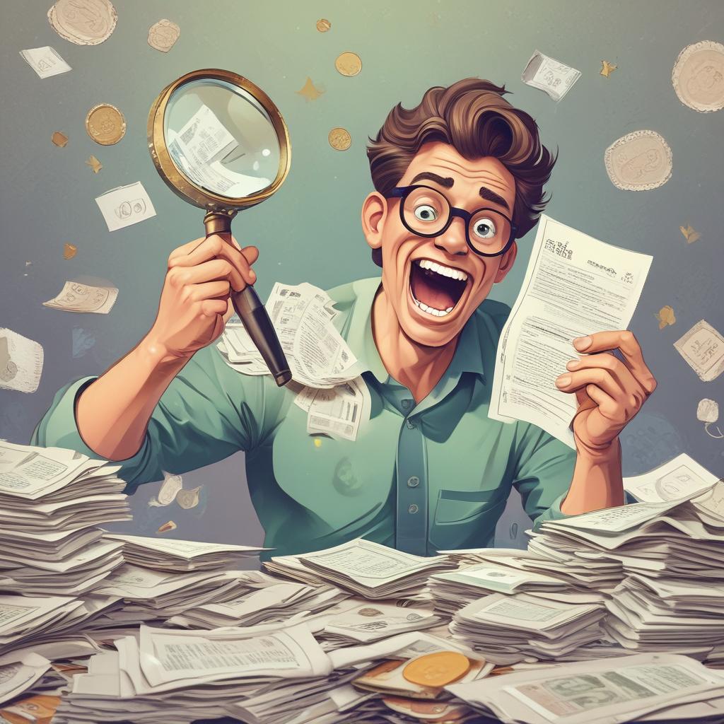 A happy person discovering a large tax refund with a magnifying glass over documents and sparkling money, symbolizing finding unexpected funds.