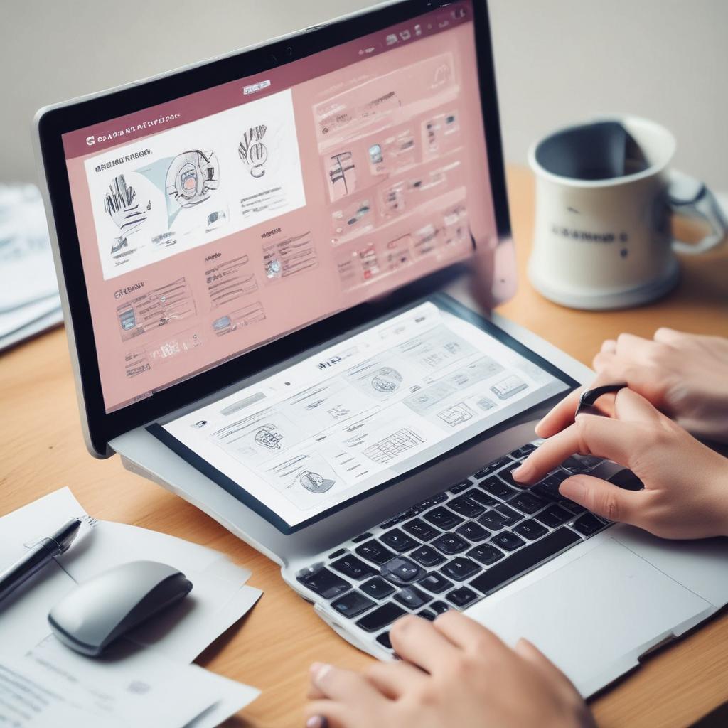 A digital screen displaying an online insurance search portal with data, a magnifying glass, and user interaction.