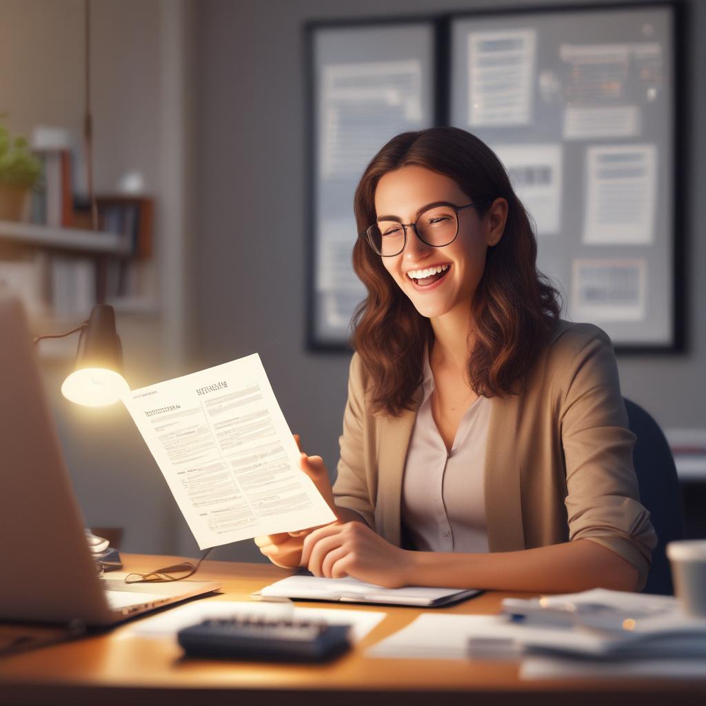A happy person checking their tax refund on a phone, surrounded by a bright glow.