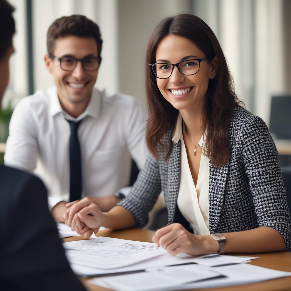 A friendly tax advisor explaining refund details to a client in a professional office setting.