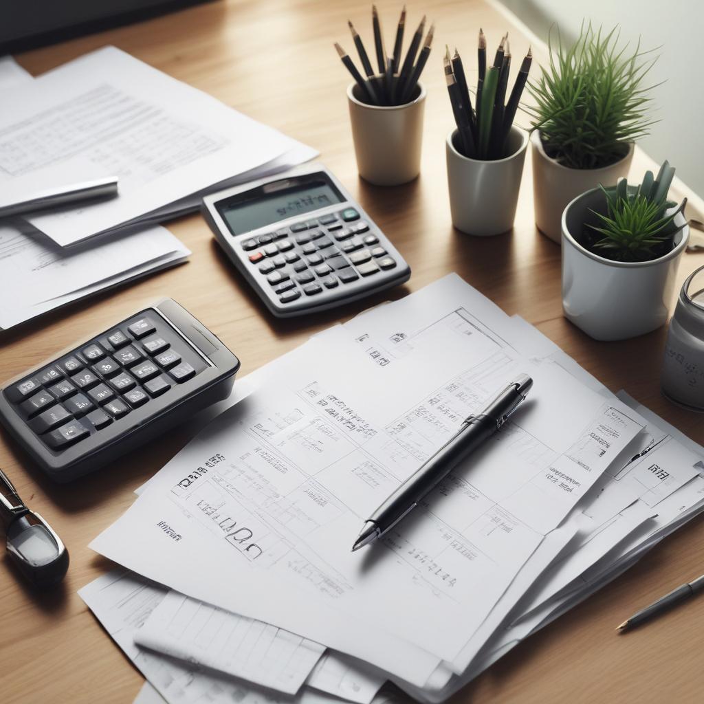 An organized desk with insurance documents, a pen, and a calculator, representing methodical planning and preparation for managing personal finances and insurance.