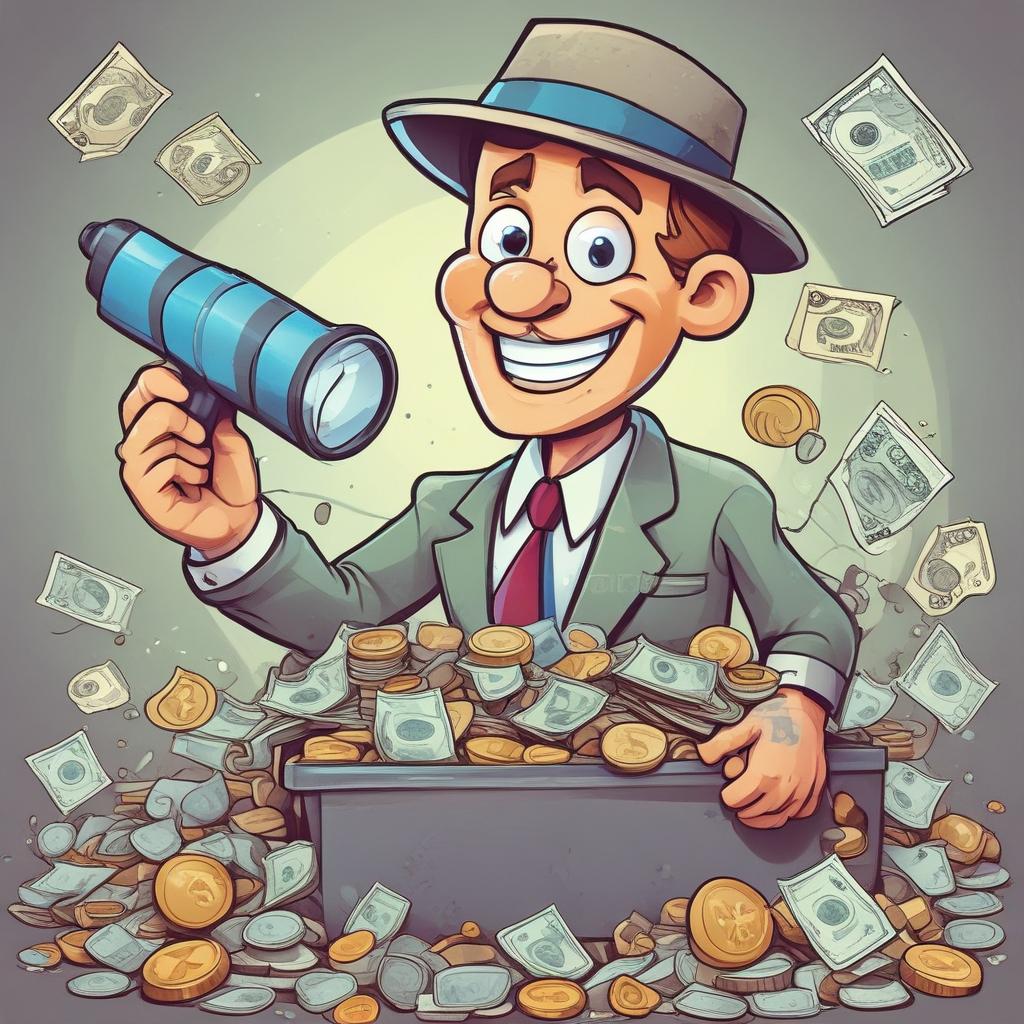 A smiling cartoon tax solver character with a magnifying glass over a pile of money, symbolizing the discovery of tax refunds.