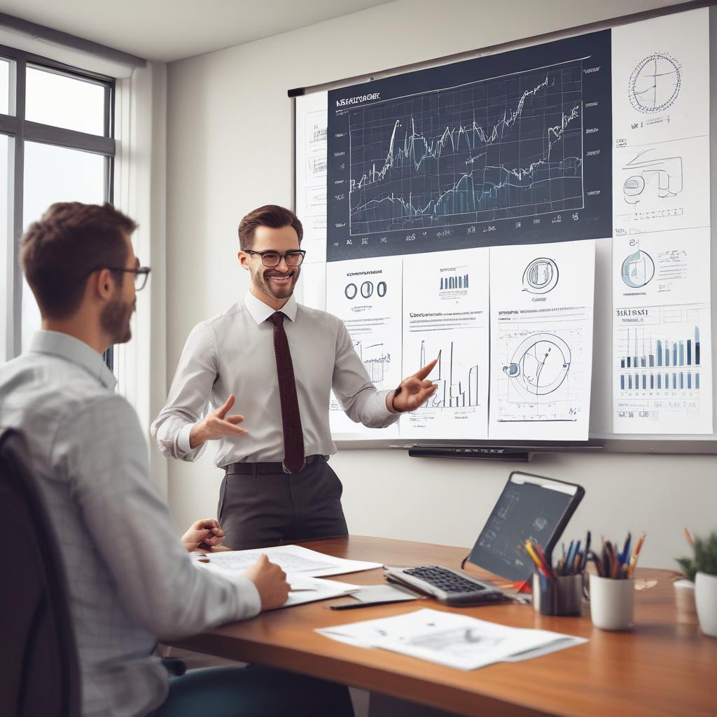 A friendly tax advisor explaining tax savings and refund processes with a clear visual aid to a client, conveying helpful and professional guidance.