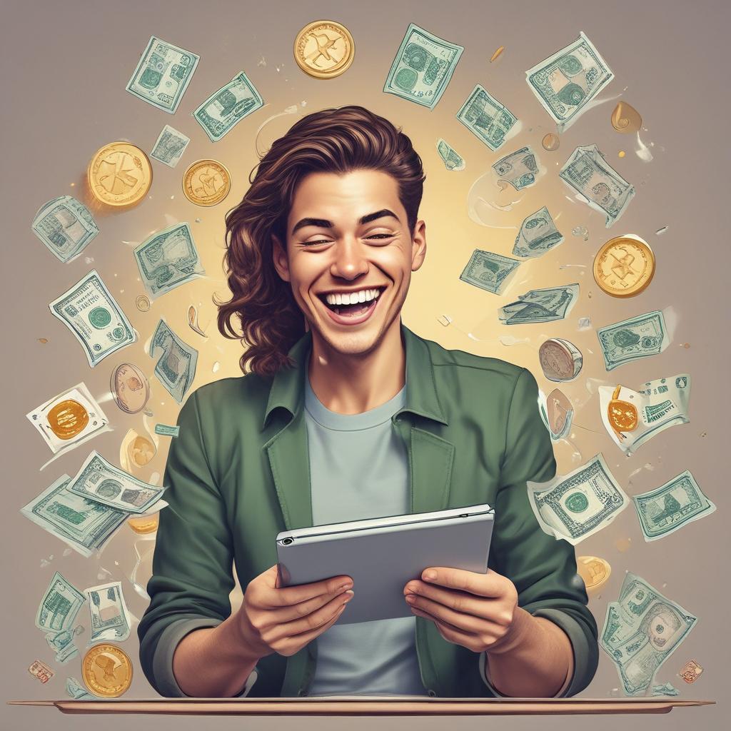 A smiling person happily viewing a tax refund amount on a tablet, surrounded by floating money symbols.
