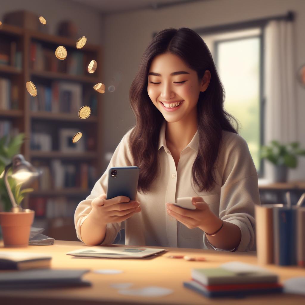 기쁜 표정으로 스마트폰에서 세금 환급 알림을 확인하는 여성