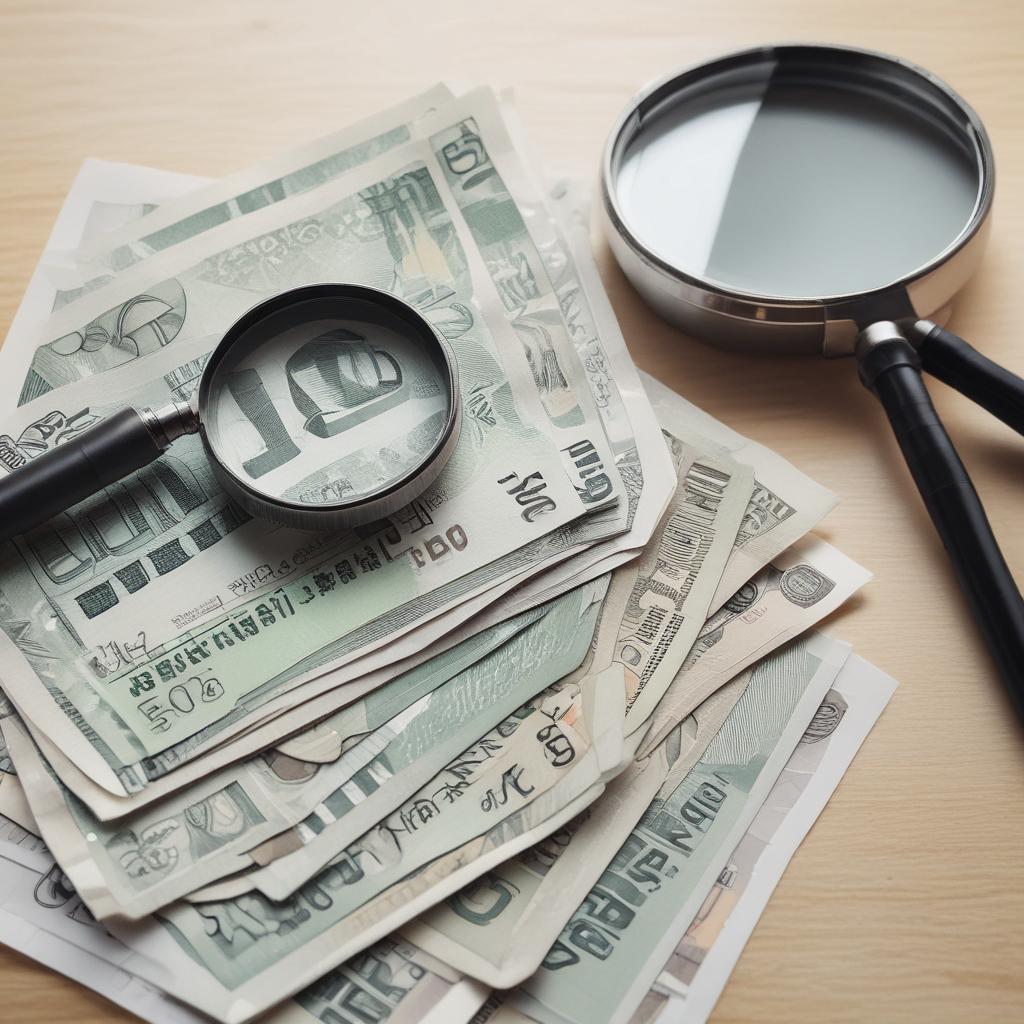 한국 지폐 더미 위에 계산기와 돋보기가 놓여 있는 모습