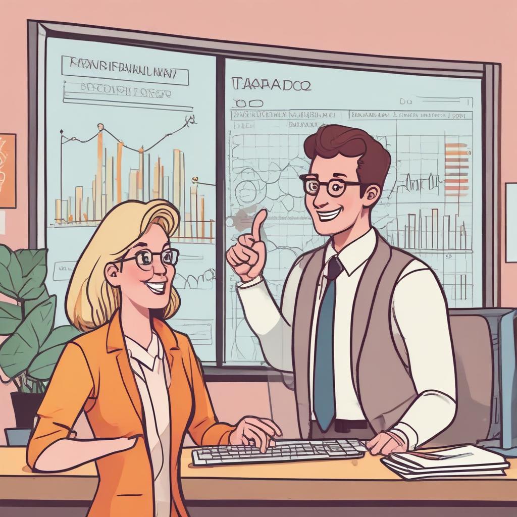 친절한 세무사가 환급 성공 메시지를 가리키며 웃는 고객과 함께 있는 모습 (카툰)