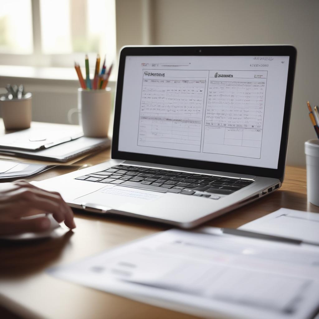 깔끔한 사무실 책상에서 노트북으로 실손보험 청구 서류를 작성하는 모습