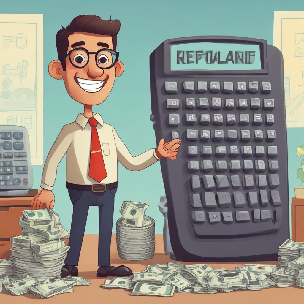 웃는 얼굴의 세금 전문가가 '환급'이라고 쓰인 계산기 옆에 서서 돈뭉치를 가리키는 모습.