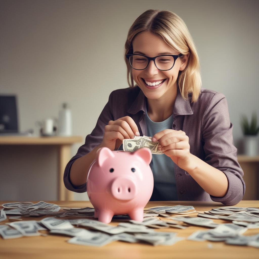 Happy person saving money into a piggy bank.