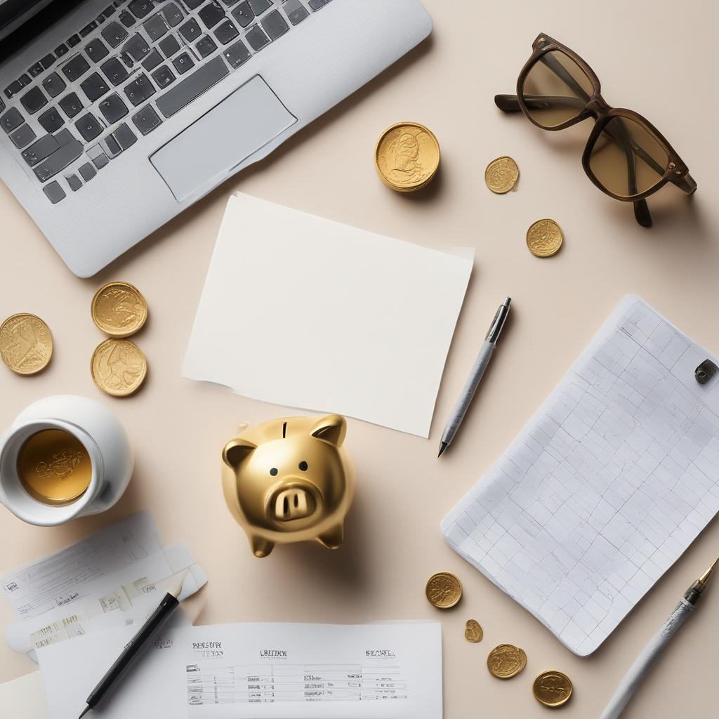 Desk scene with financial items, a laptop, and a spotlight on a stack of coins and a piggy bank, symbolizing found tax money.