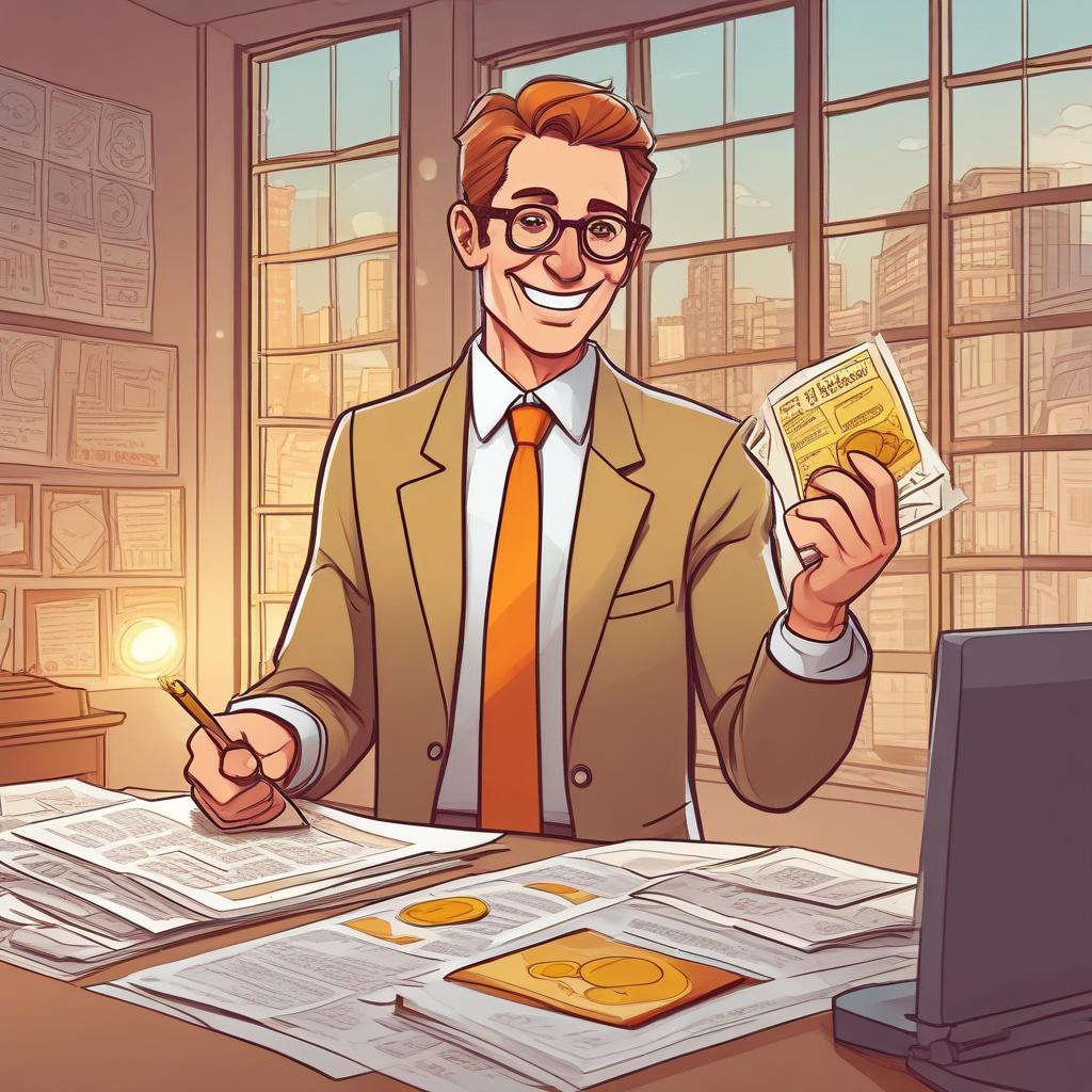 친절한 세무사가 돋보기를 들고 서류를 보며 숨겨진 세금 환급금을 찾아주는 모습