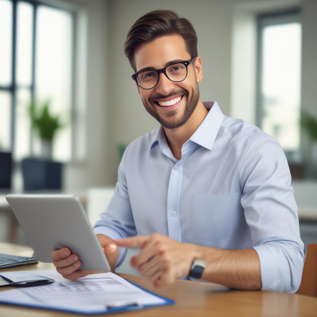태블릿으로 깔끔하게 정리된 보험 플랜을 가리키며 미소 짓는 사람