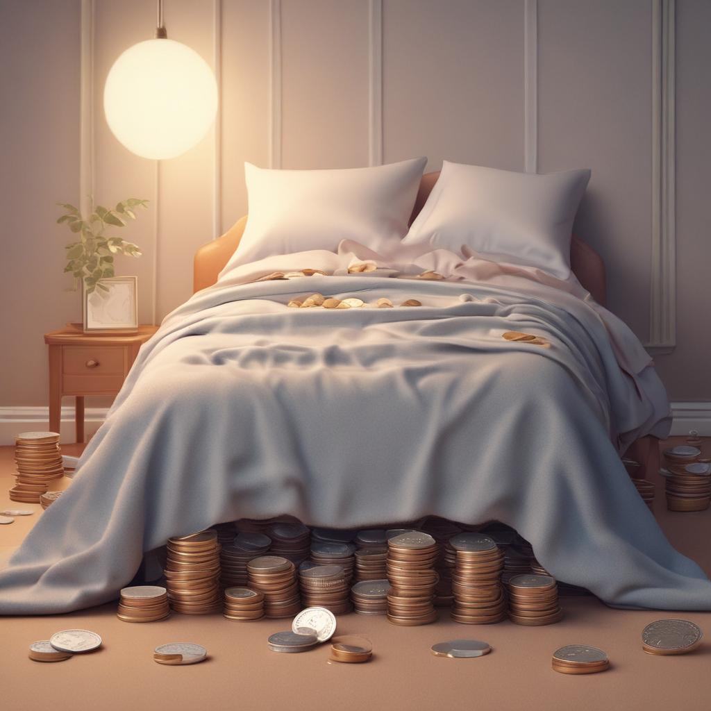 이불을 덮고 잠자고 있는 동전과 지폐 더미