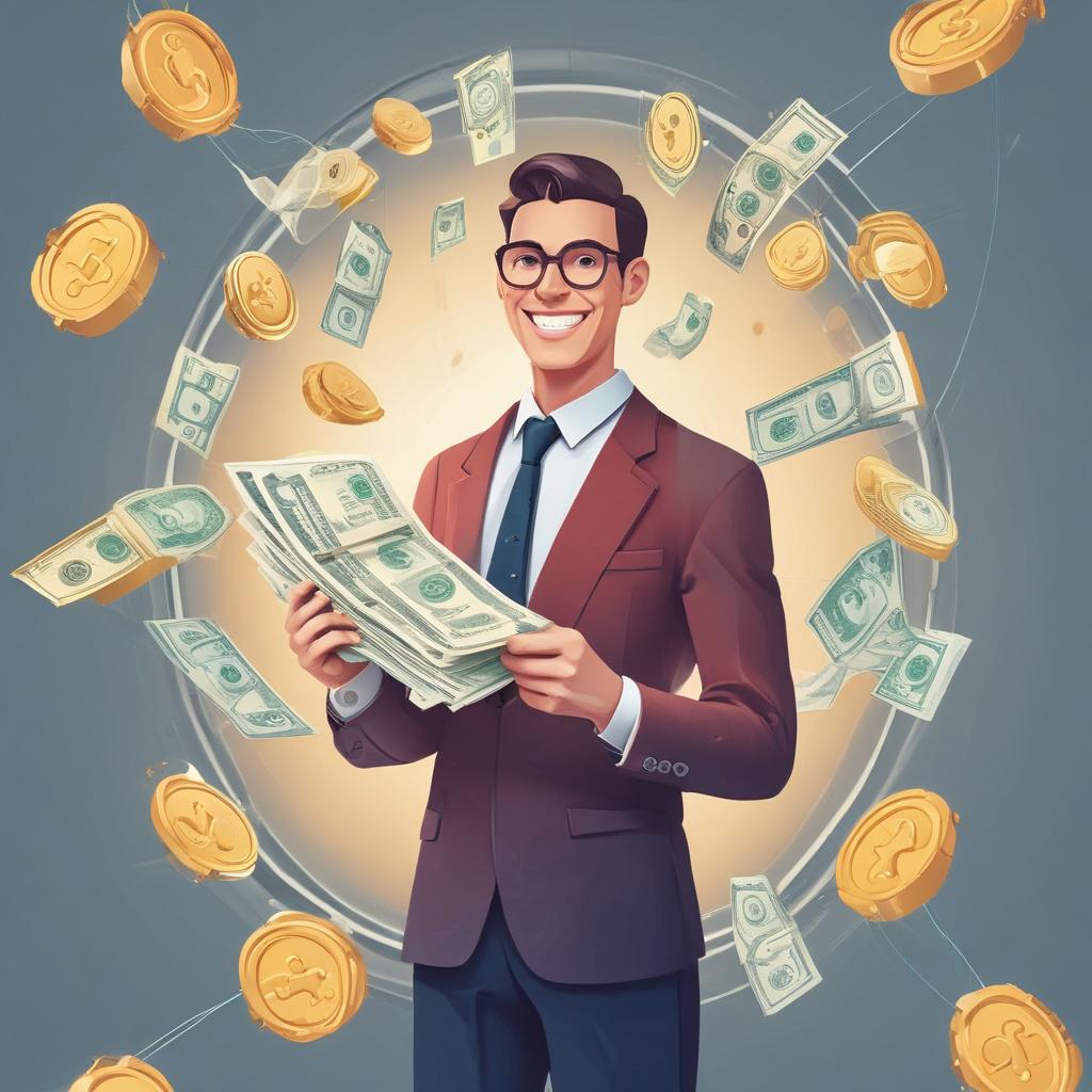 Happy individual successfully claiming insurance with organized documents and a mobile phone, showing a flow of money.