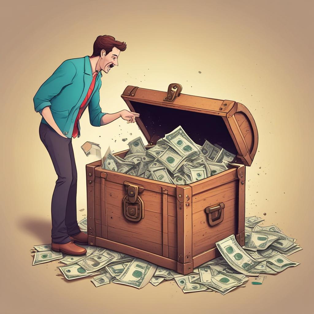 Smiling person joyfully discovering a hidden pile of cash labeled 'Tax Refund' amidst documents.