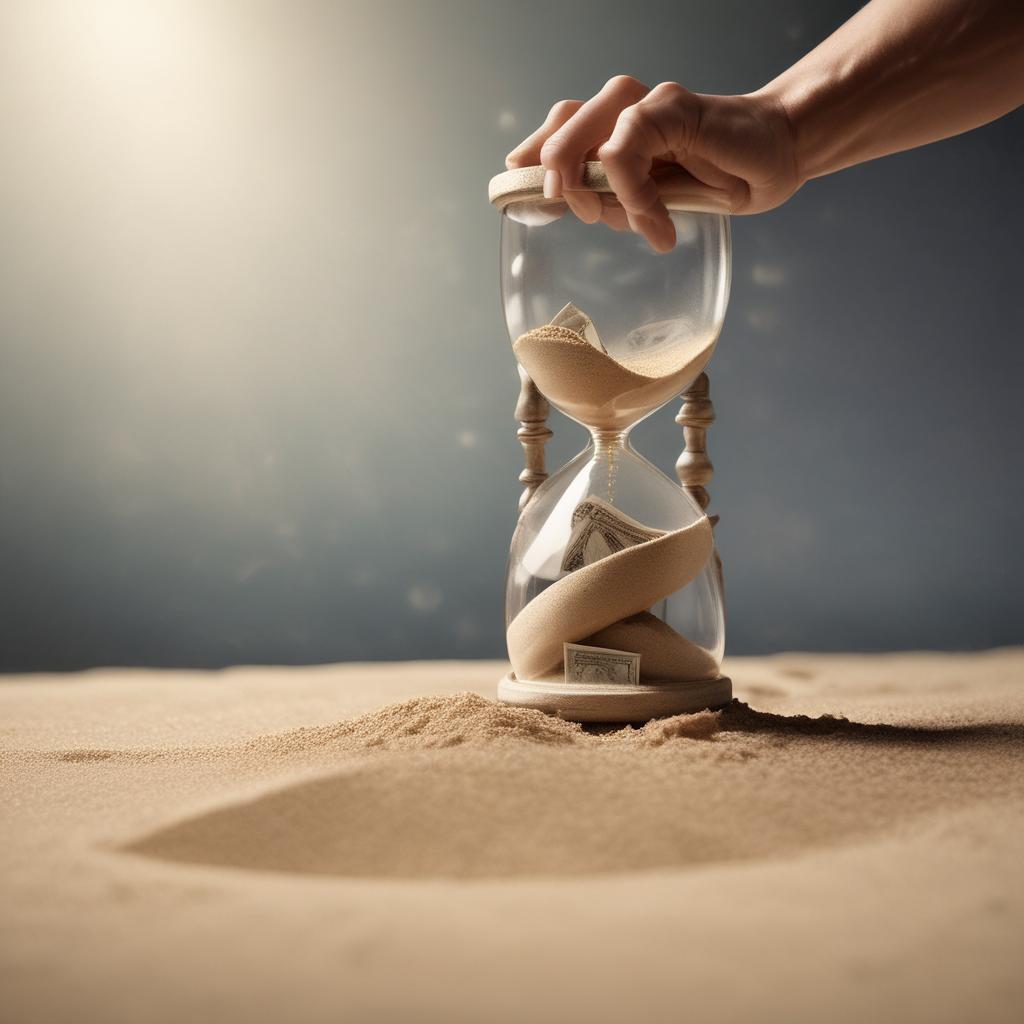 Hand reaching into an hourglass to grab money, symbolizing reclaiming a tax refund before a deadline.