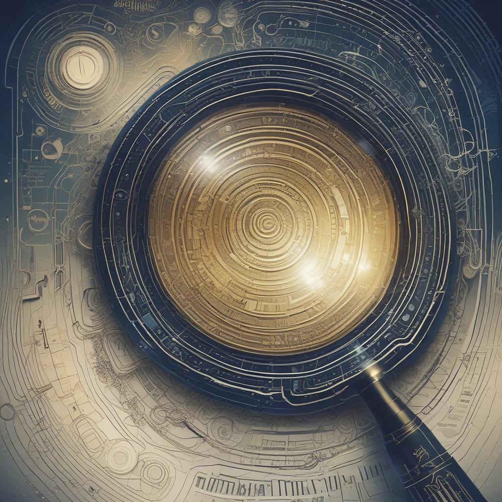 Magnifying glass over complex financial documents, glowing with discovery