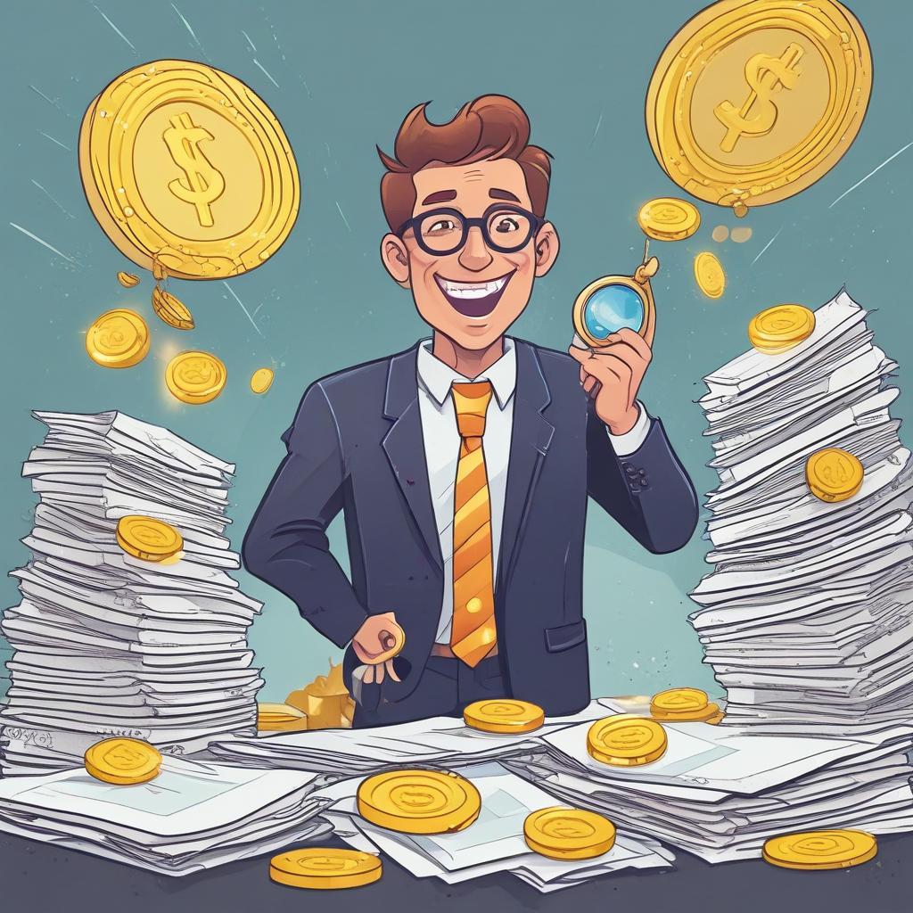 Happy person discovering money on tax forms with a magnifying glass.