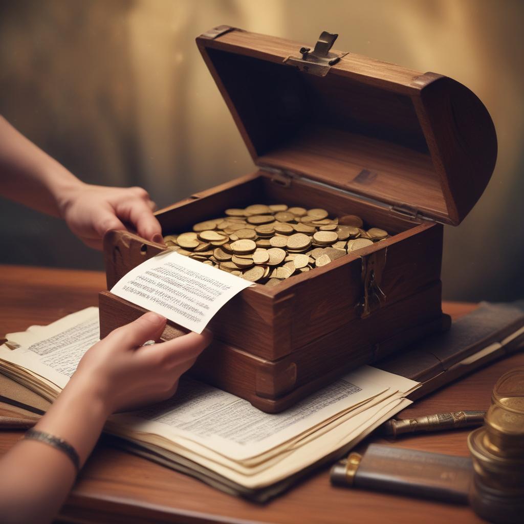 먼지 쌓인 보물상자에서 빛나는 동전과 중요한 서류를 발견하는 손.