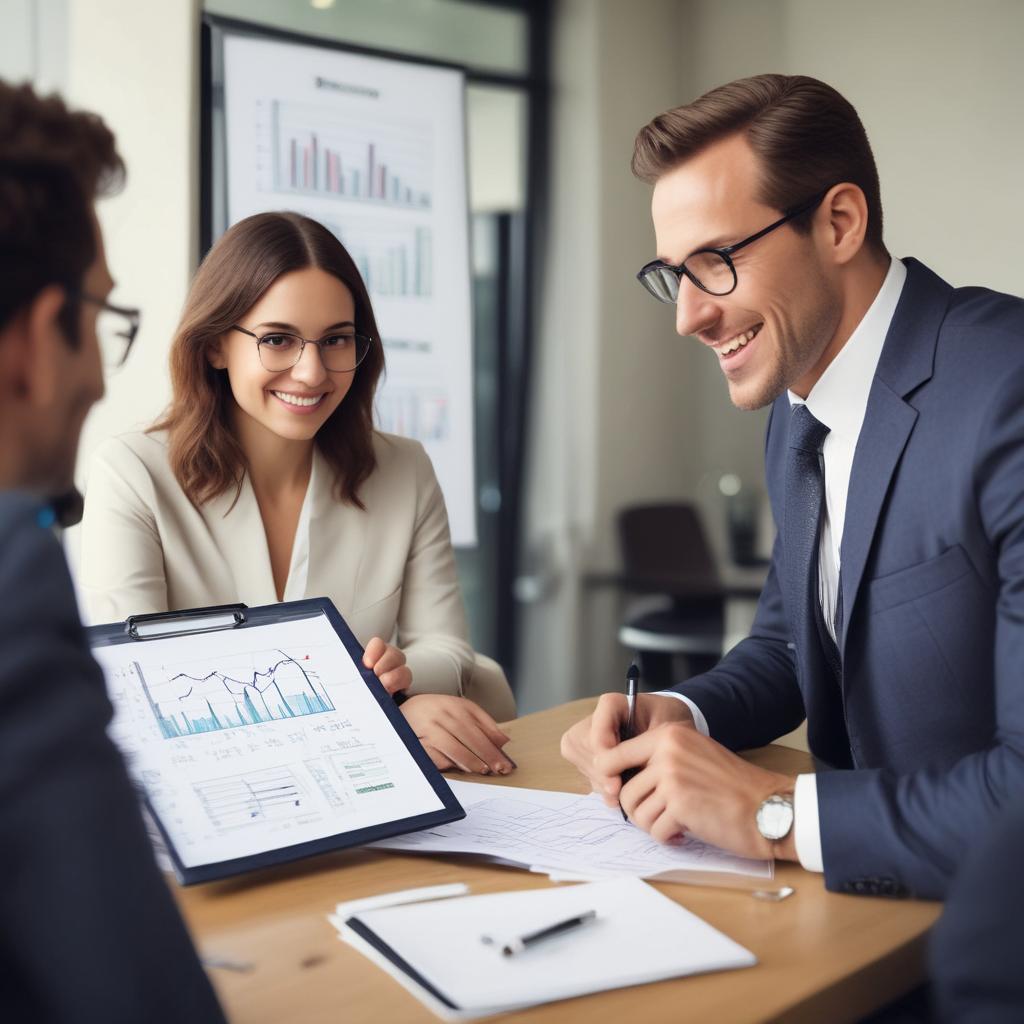 전문가가 고객에게 보험 분석 결과를 설명하며 밝게 웃는 모습