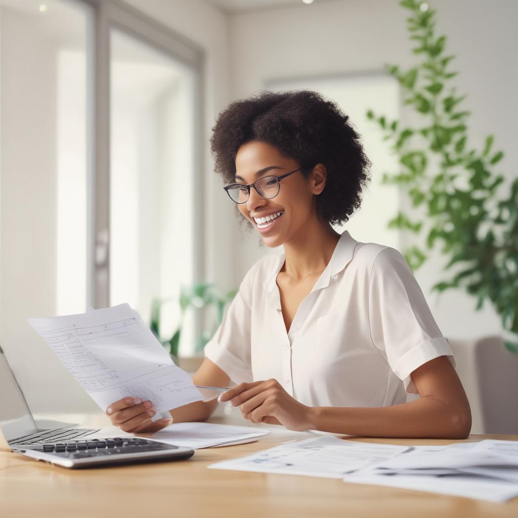 A relieved person happily reviewing simplified and optimized insurance documents on a table, representing the peace of mind and clarity achieved through insurance remodeling.