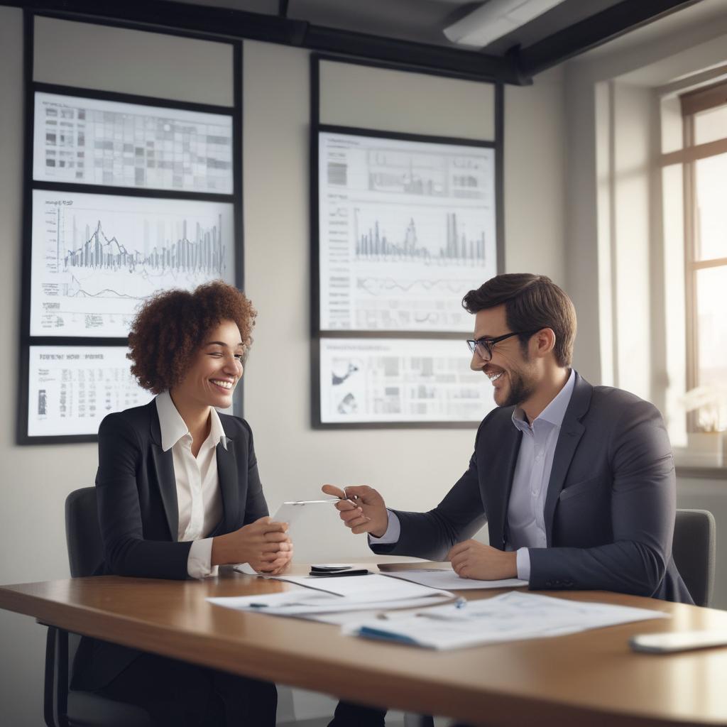 An insurance analyst actively consults with a client in a bright, modern office, explaining financial charts related to insurance restructuring and optimization.