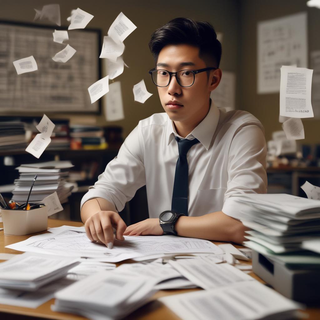 Confused Korean freelancer surrounded by tax documents, symbolizing the complexity and stress of tax calculations.
